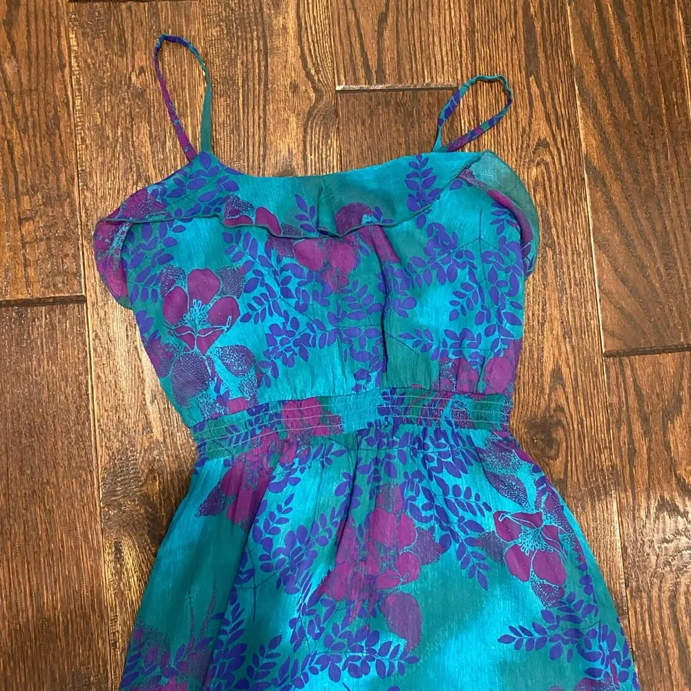 Express womens maxi dress with blue & purple floral print.  Adjustable straps. - Picture 2 of 4